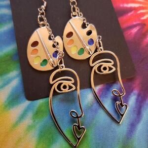 Handmade Silver Metal Abstract Art Palette Dangle Earrings